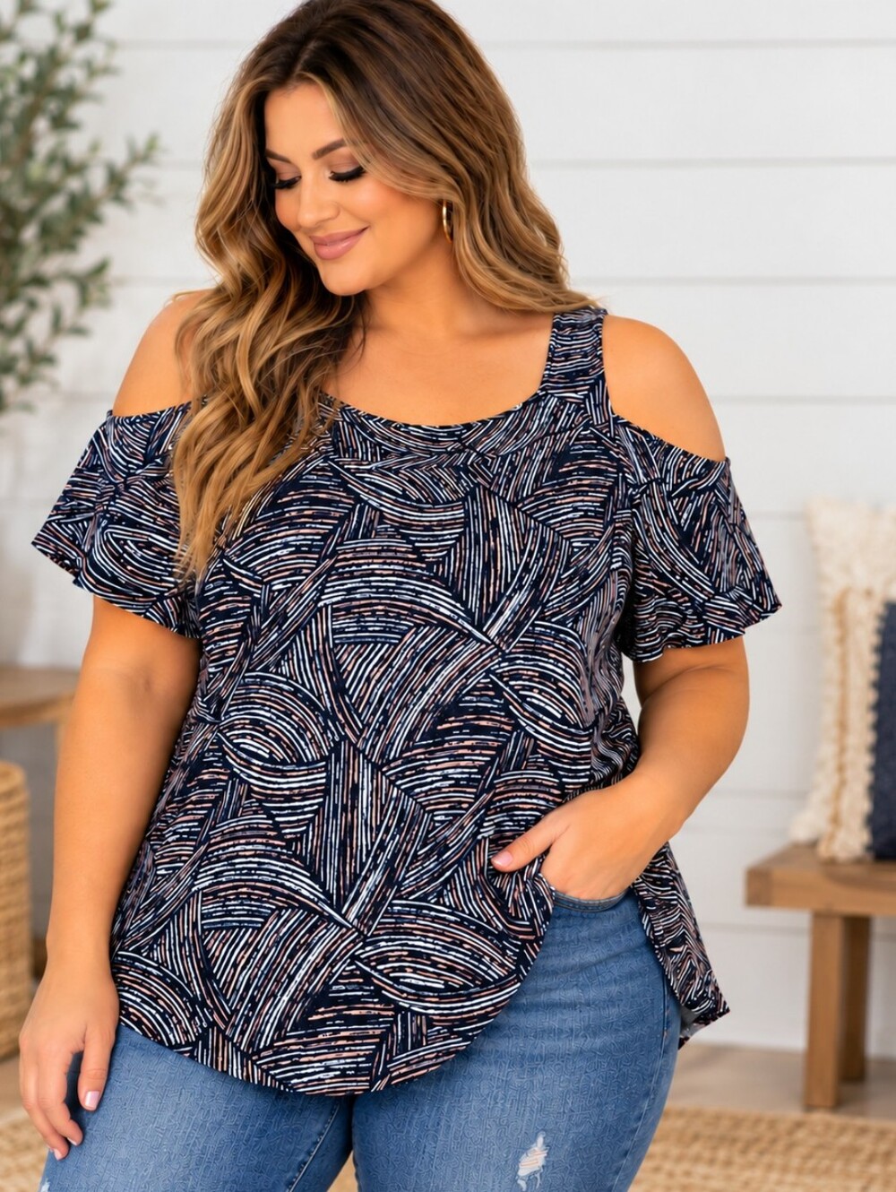 Espresso Women’s Cold Shoulder Abstract Print Short Sleeve Top Navy Peach 2x